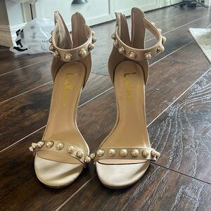 Lulus pearl studded beige high heels
